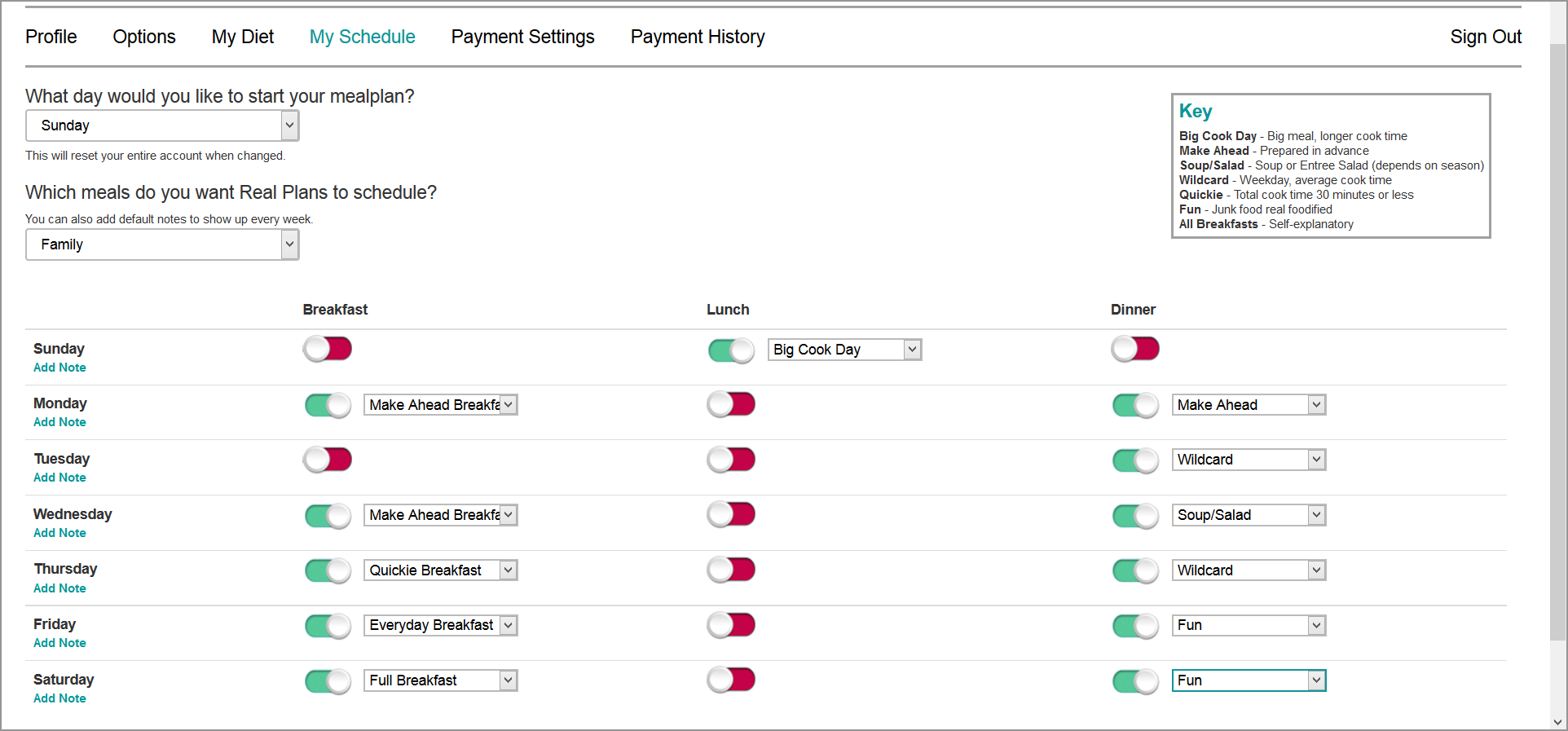 Real Plans Meal Plan Settings Example